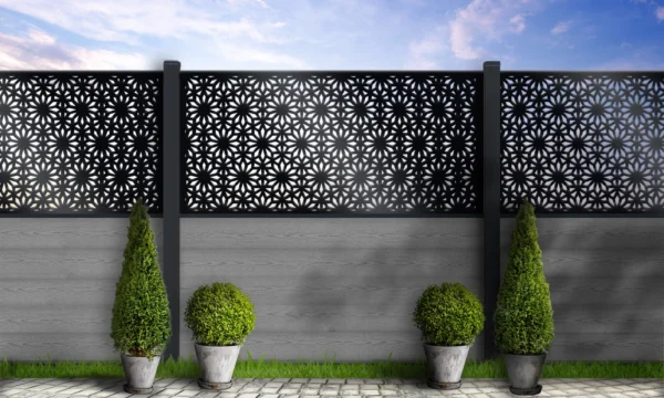 pebble grey woodgrain fencing with Indian Summer trellis